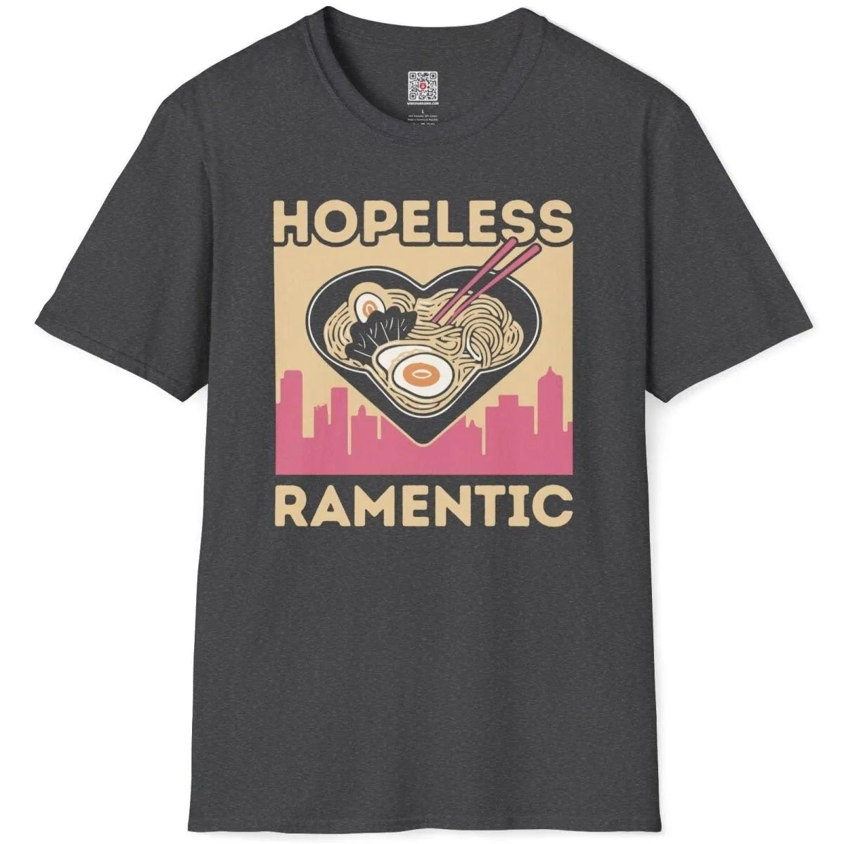 Dark heather t-shirt flatlay with ramen heart design, urban cityscape, and playful pink text, urban ramen.