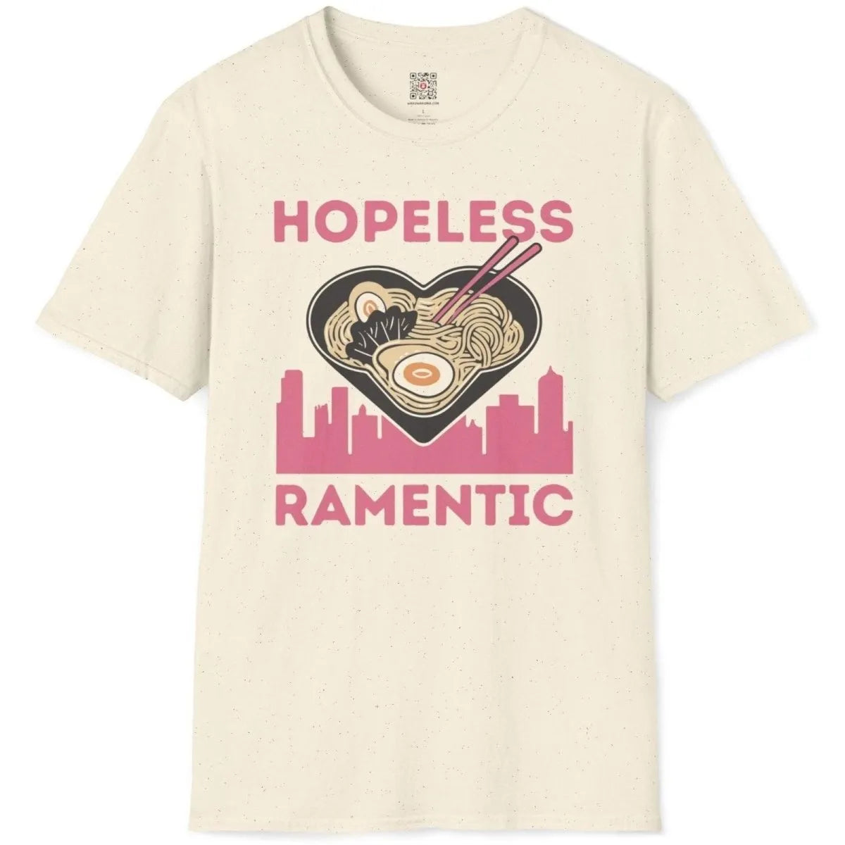 Natural t-shirt flatlay with heart-shaped ramen bowl, pink city skyline, and kawaii font, cultural fusion.