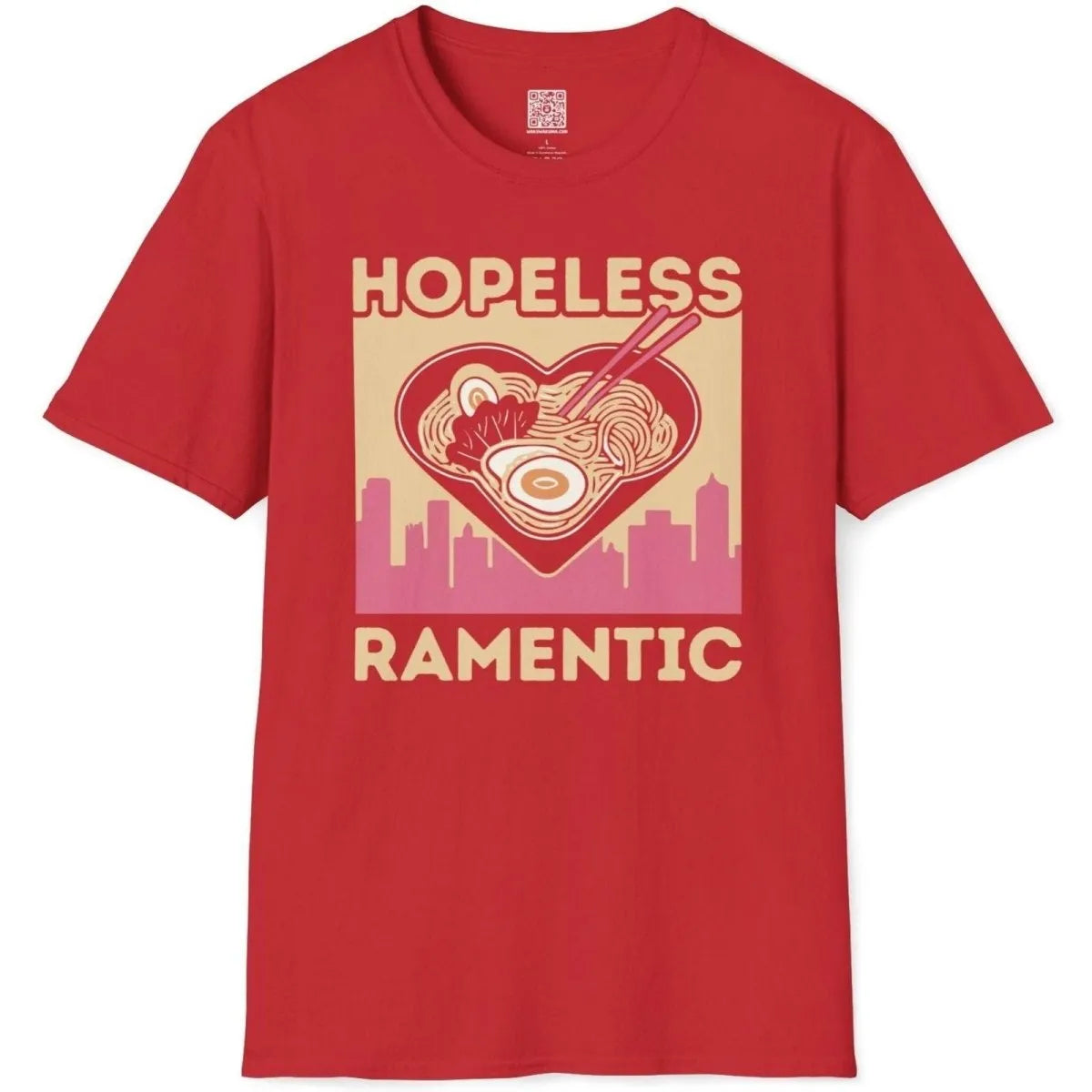 Red t-shirt flatlay with heart-shaped ramen bowl, urban skyline, and vibrant pink slogan, love symbolism.