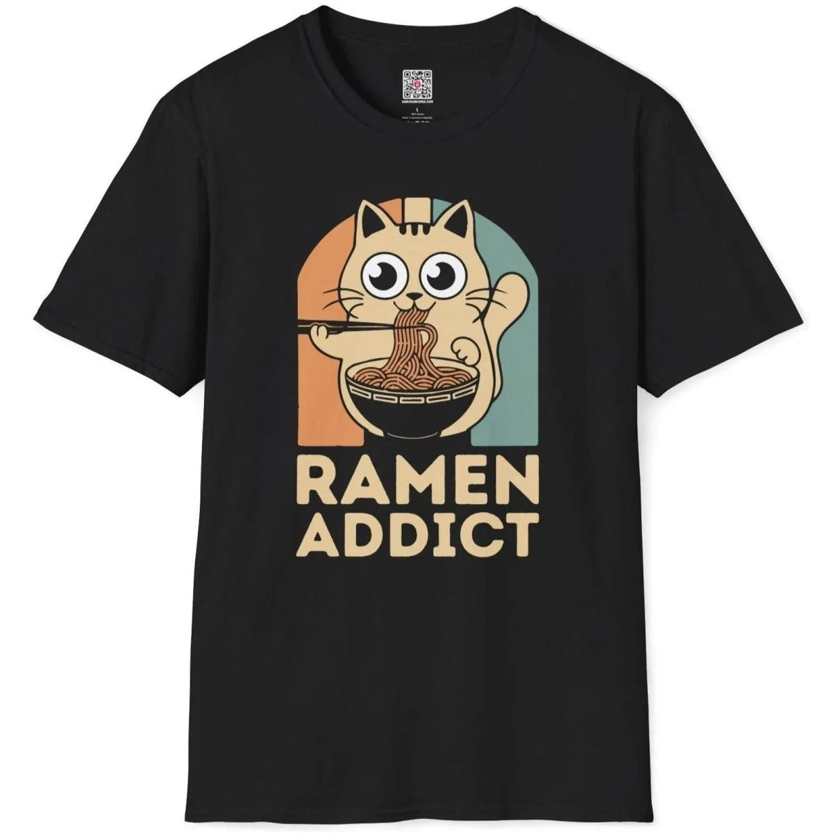 Black t-shirt flatlay featuring a cheerful cat enjoying ramen, modern text, ramen t-shirt, anime t shirts.