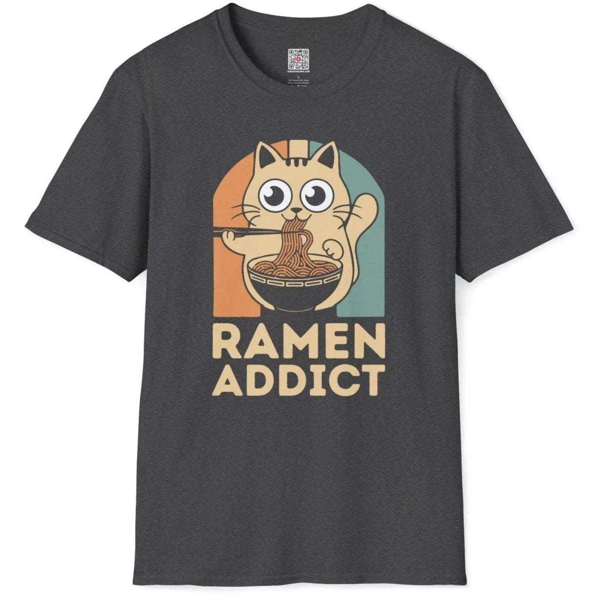 Dark heather t-shirt flatlay showing joyful cat slurping noodles, Japanese inspired clothes, humorous quote.