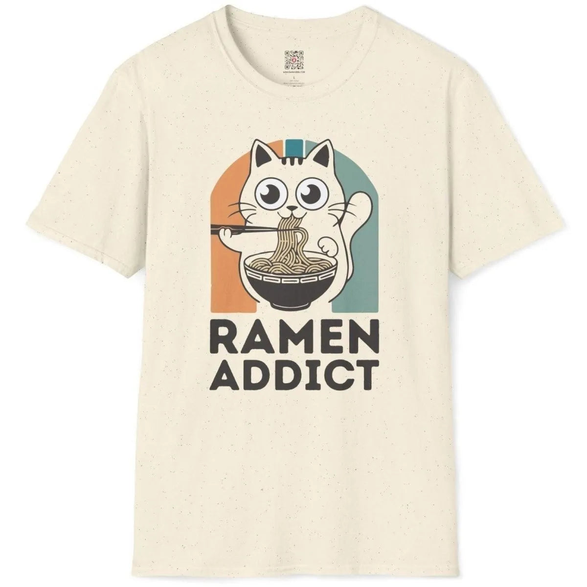 Natural t-shirt flatlay with playful ramen cat and bold "RAMEN ADDICT" font, cultural symbols, cat shirts.