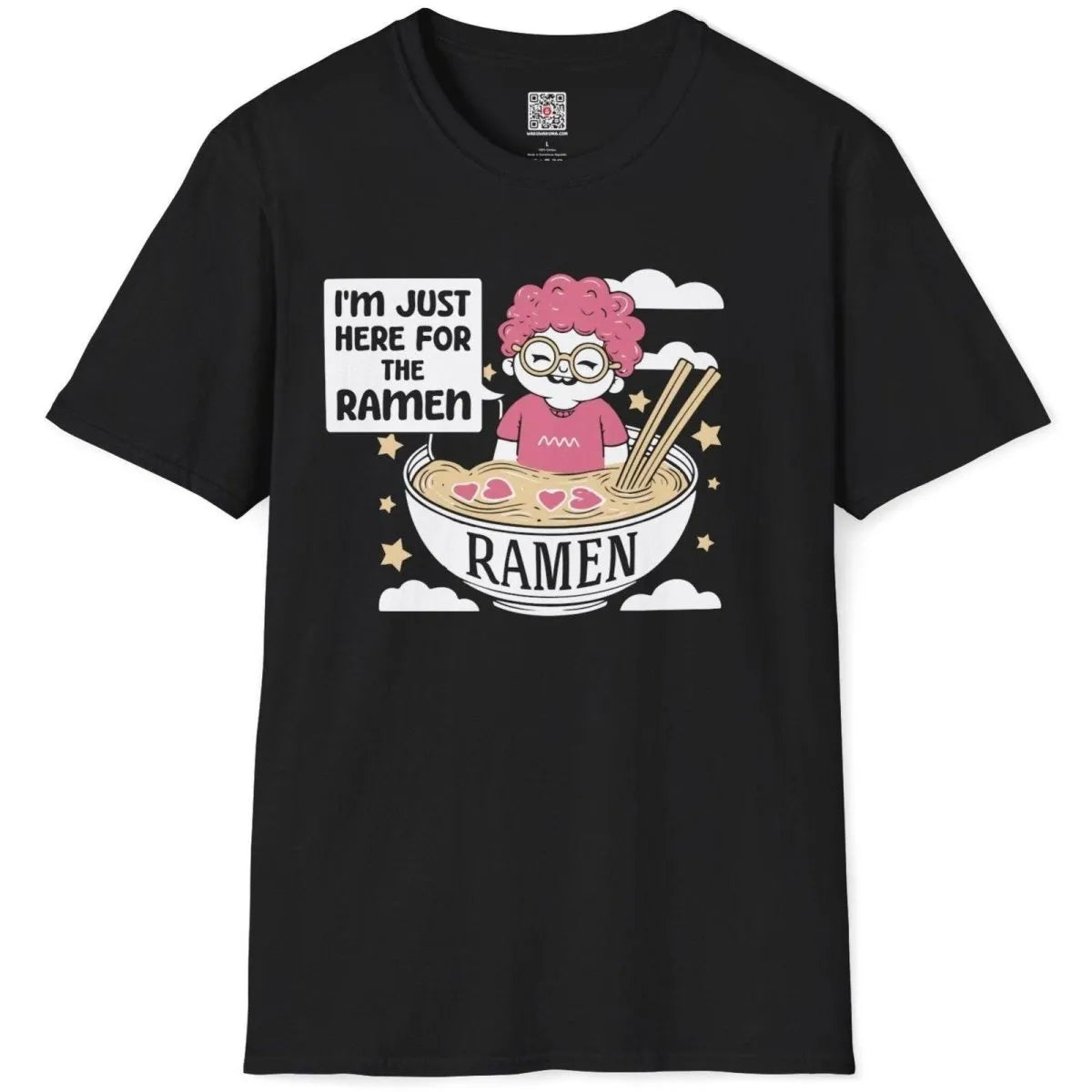 Black t-shirt flatlay with cheerful ramen bowl character, ramen shirt, bold text fonts, pop art shirt.