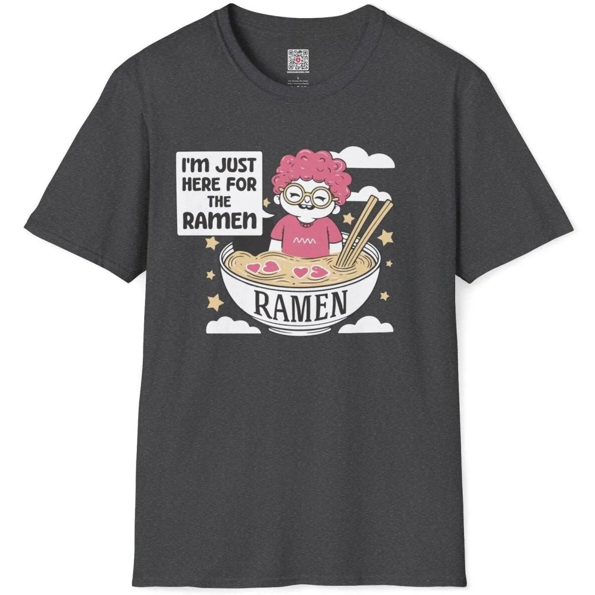 Dark heather t-shirt flatlay with playful ramen bowl character, ramen shirt, pastel aesthetics, whimsical illustration.