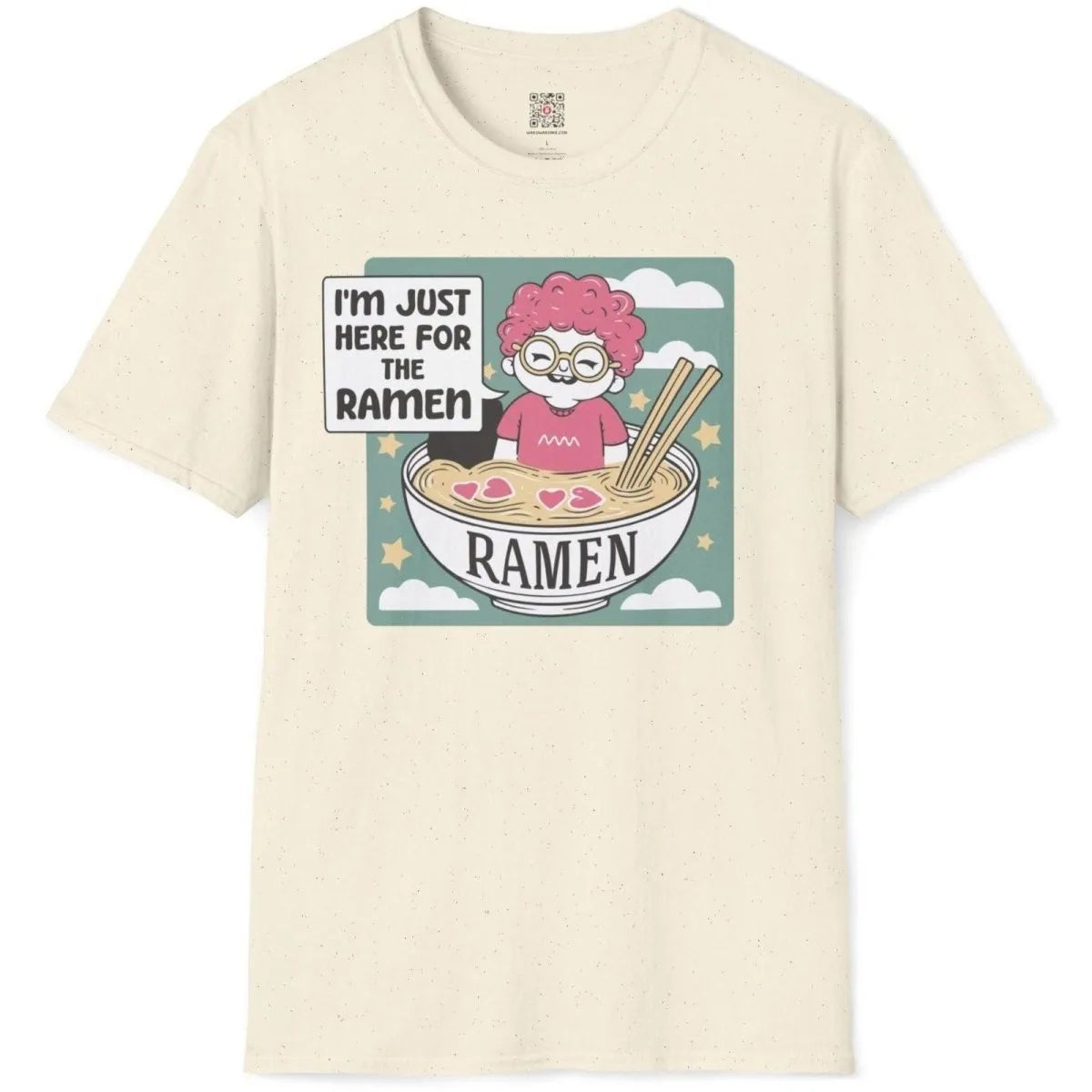 Natural t-shirt flatlay with pink-haired character in ramen bowl, ramen joy, soft aesthetics, whimsical illustration.