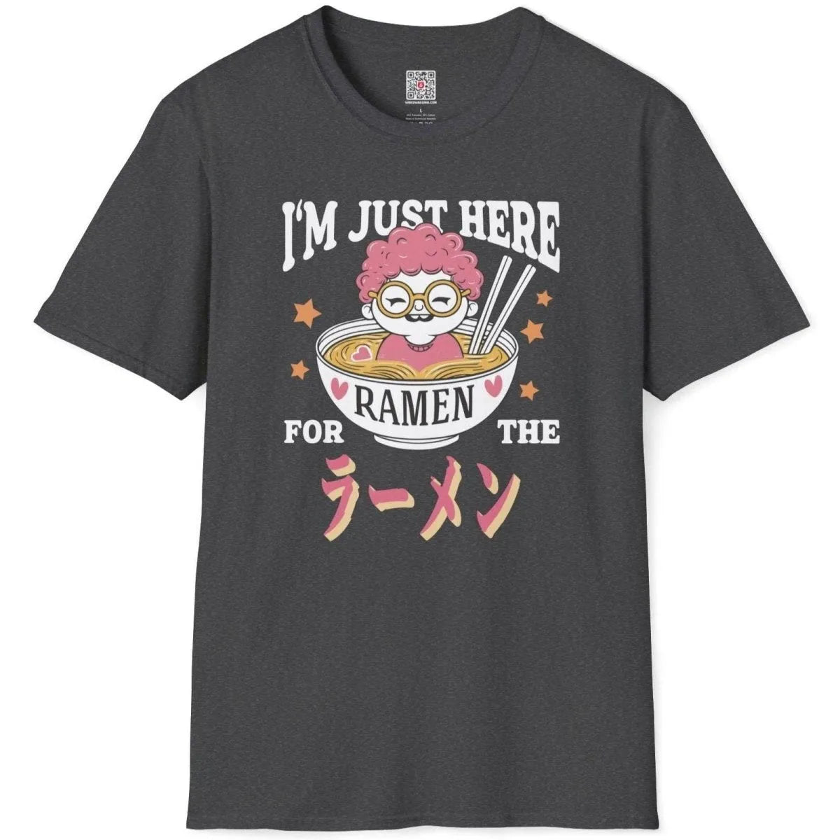 Dark heather shirt flatlay with pink-haired character peeking from ramen bowl, ramen t-shirt, bold typography.
