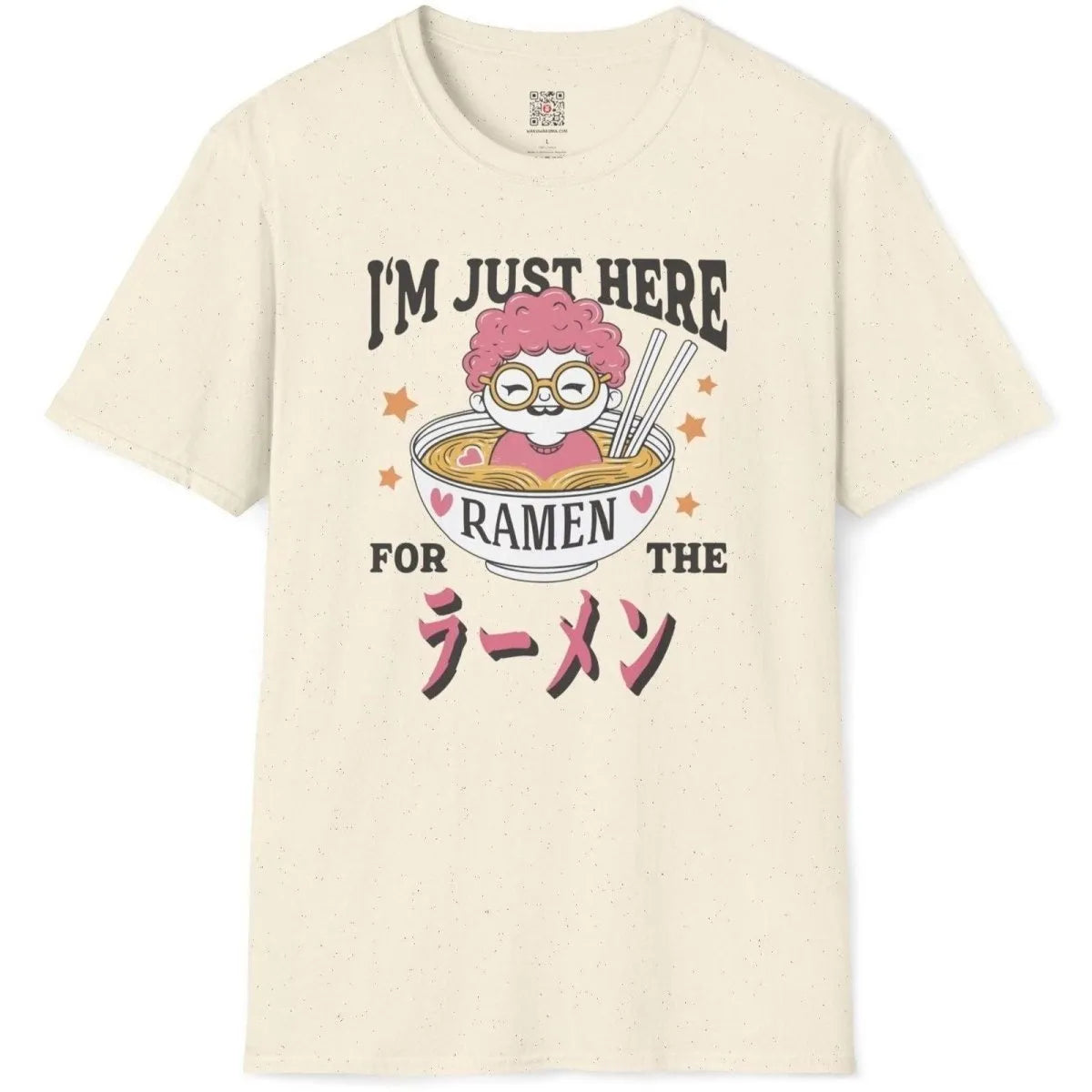 Natural shirt flatlay with pink-haired character peeking from ramen bowl, ramen t-shirt, soft aesthetics.