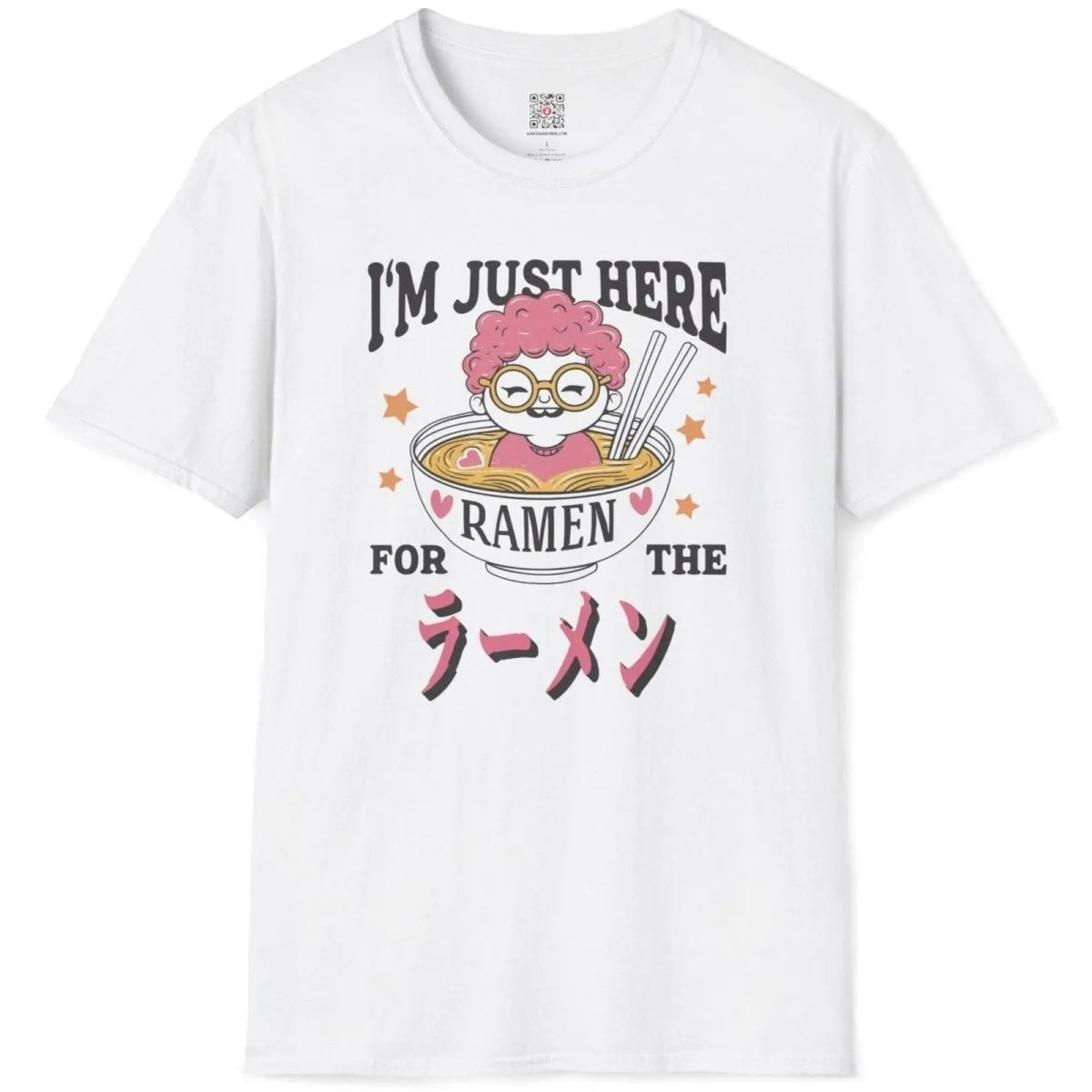 White shirt flatlay with pink-haired character peeking from ramen bowl, ramen t-shirt, pastel aesthetics.