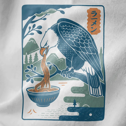 Majestic eagle eating ramen on white fabric, detailed feathers, serene landscape, japanese t-shirts.