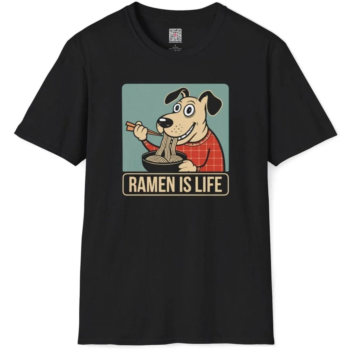 Black t-shirt flatlay with joyful dog eating ramen, ramen t-shirt, whimsical animal.