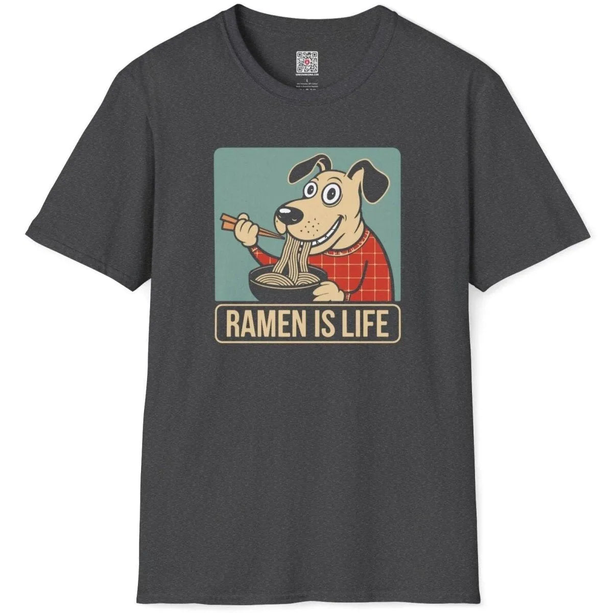 Dark heather t-shirt flatlay featuring cartoon dog with ramen bowl, ramen t-shirt, whimsical animal.