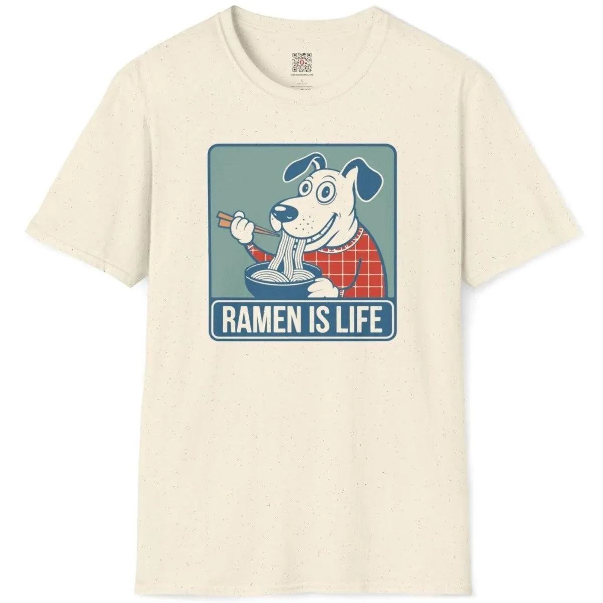 Natural t-shirt flatlay with playful dog eating ramen, ramen t-shirt, positive messaging.