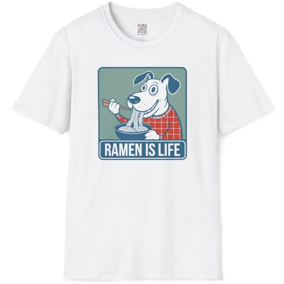 White t-shirt flatlay with cheerful dog enjoying ramen, ramen t-shirt, graphic t-shirts stores.