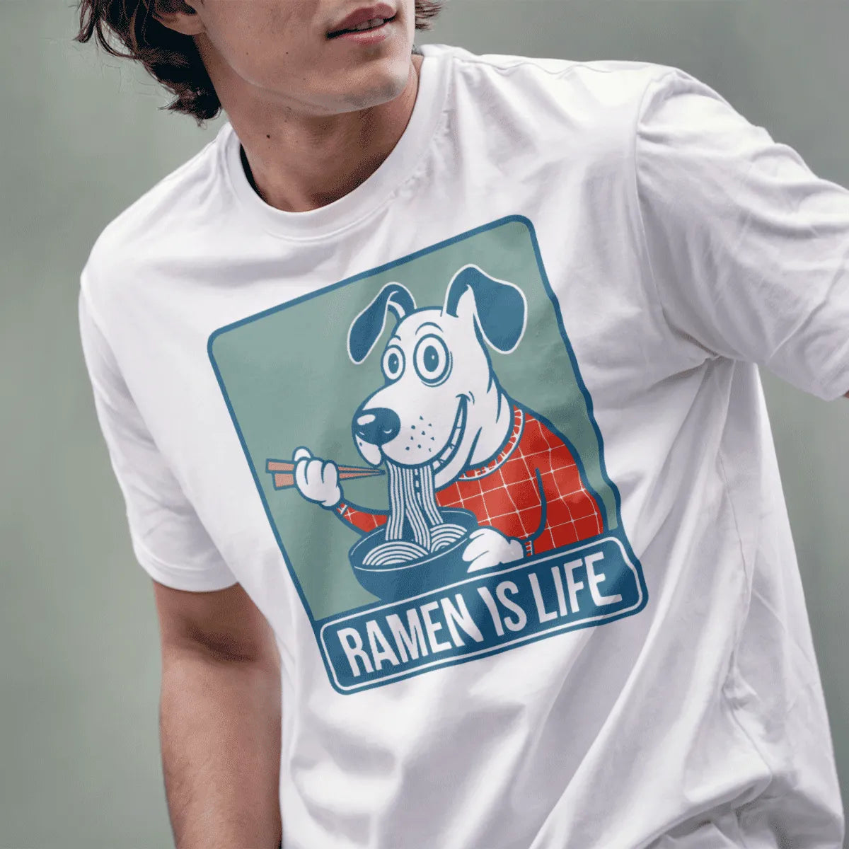 Male model in white t-shirt with playful dog slurping ramen, ramen t-shirt, junk food shirt.