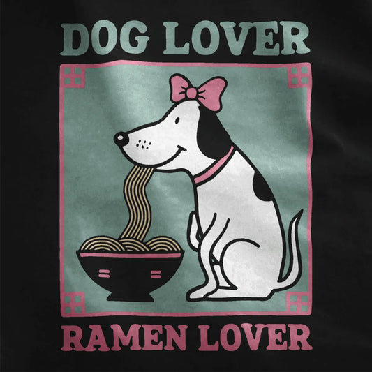 Cute white dog with pink bow slurping ramen on black fabric, dog lover, ramen t-shirt, whimsical animal.
