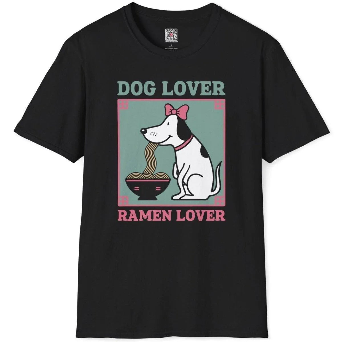 Black t-shirt flatlay with happy dog eating ramen, dog lover, ramen t-shirt, pastel aesthetics.