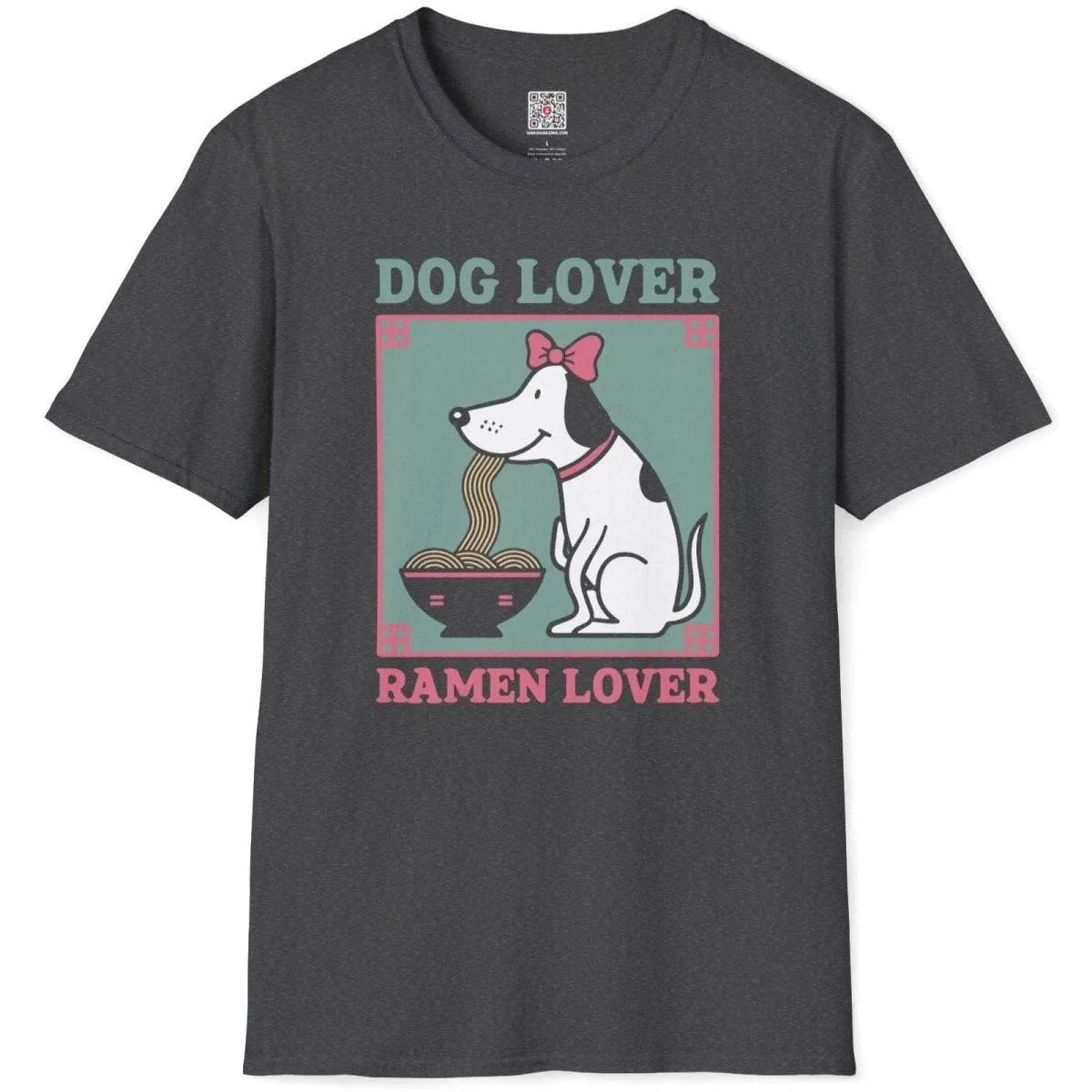 Dark heather t-shirt flatlay with playful dog and ramen, dog lover, ramen t-shirt, whimsical animal.