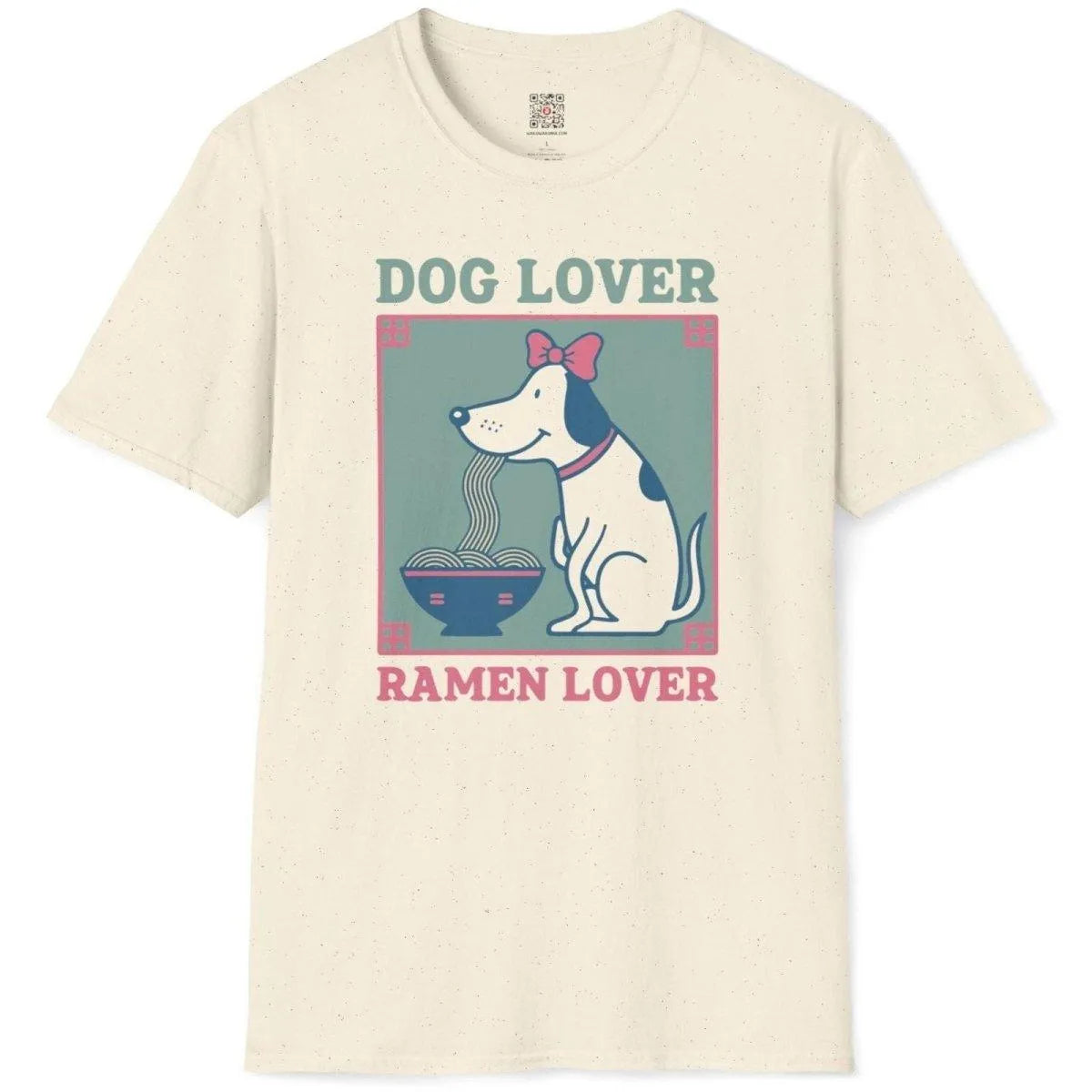 Natural t-shirt flatlay with endearing dog eating ramen, dog lover, ramen t-shirt, pastel aesthetics.