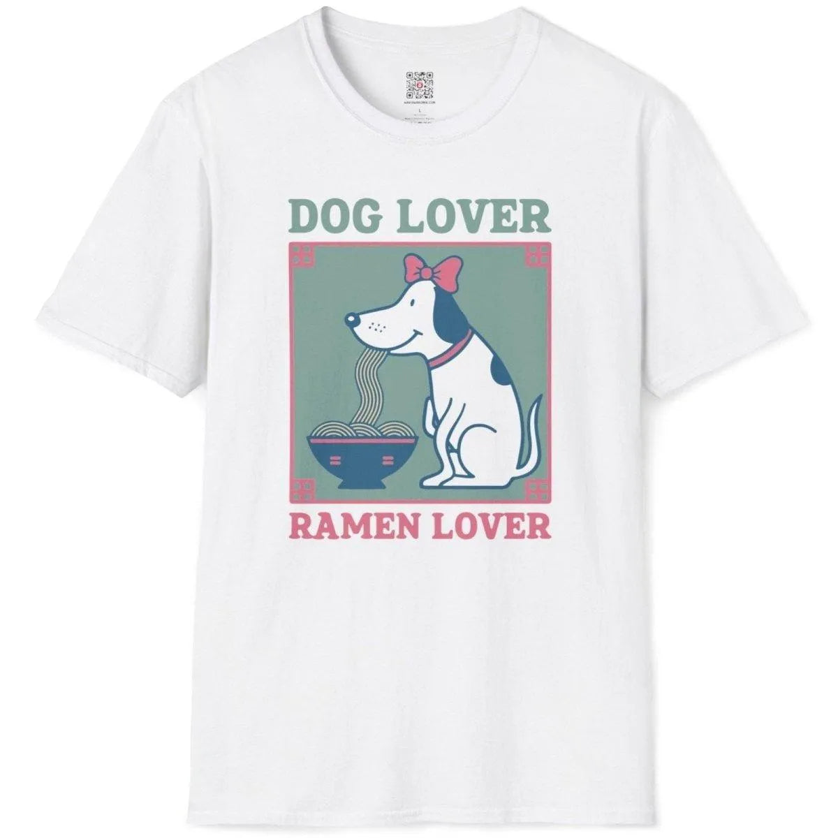 White t-shirt flatlay featuring cute dog with ramen bowl, dog lover, ramen t-shirt, bold typography.