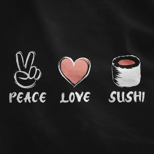 Black fabric detail showing hand-drawn peace sign, heart, and sushi roll icons with matching text in brushstroke style.