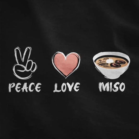 Black fabric detail featuring sketched peace gesture, coral heart, and miso soup bowl in expressive brushstroke style.