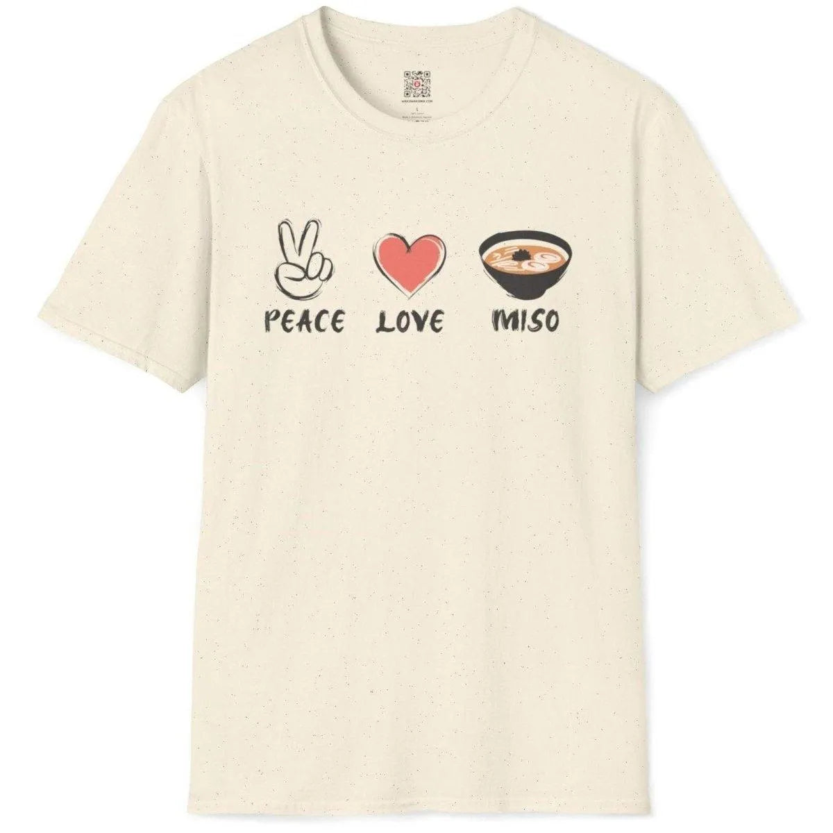 Natural t-shirt featuring organic aesthetic peace sign, heart, and miso soup graphics with matching text below.