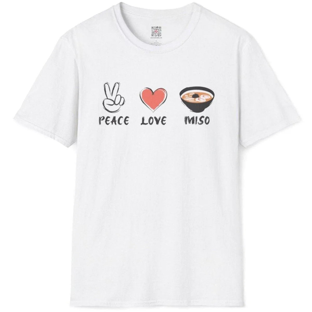 White t-shirt showcasing playful Peace, Love, Miso design with sketched icons and bold brushstroke lettering.