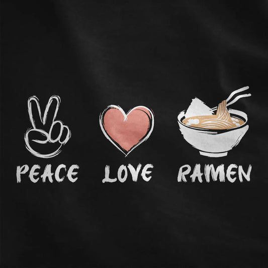 Peace sign, coral heart, and ramen bowl with expressive brush lettering on black fabric; ramen t-shirt, vibrant style.