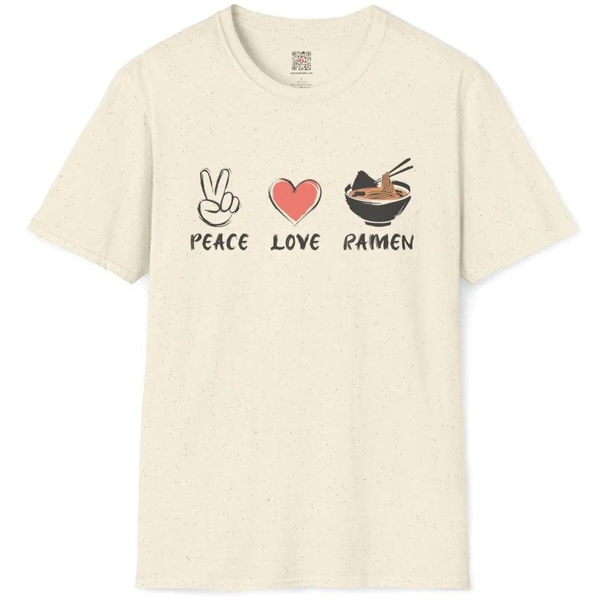 Natural t-shirt flatlay with peace, heart, and ramen icons and brush lettering; ramen t-shirt, modern fusion.