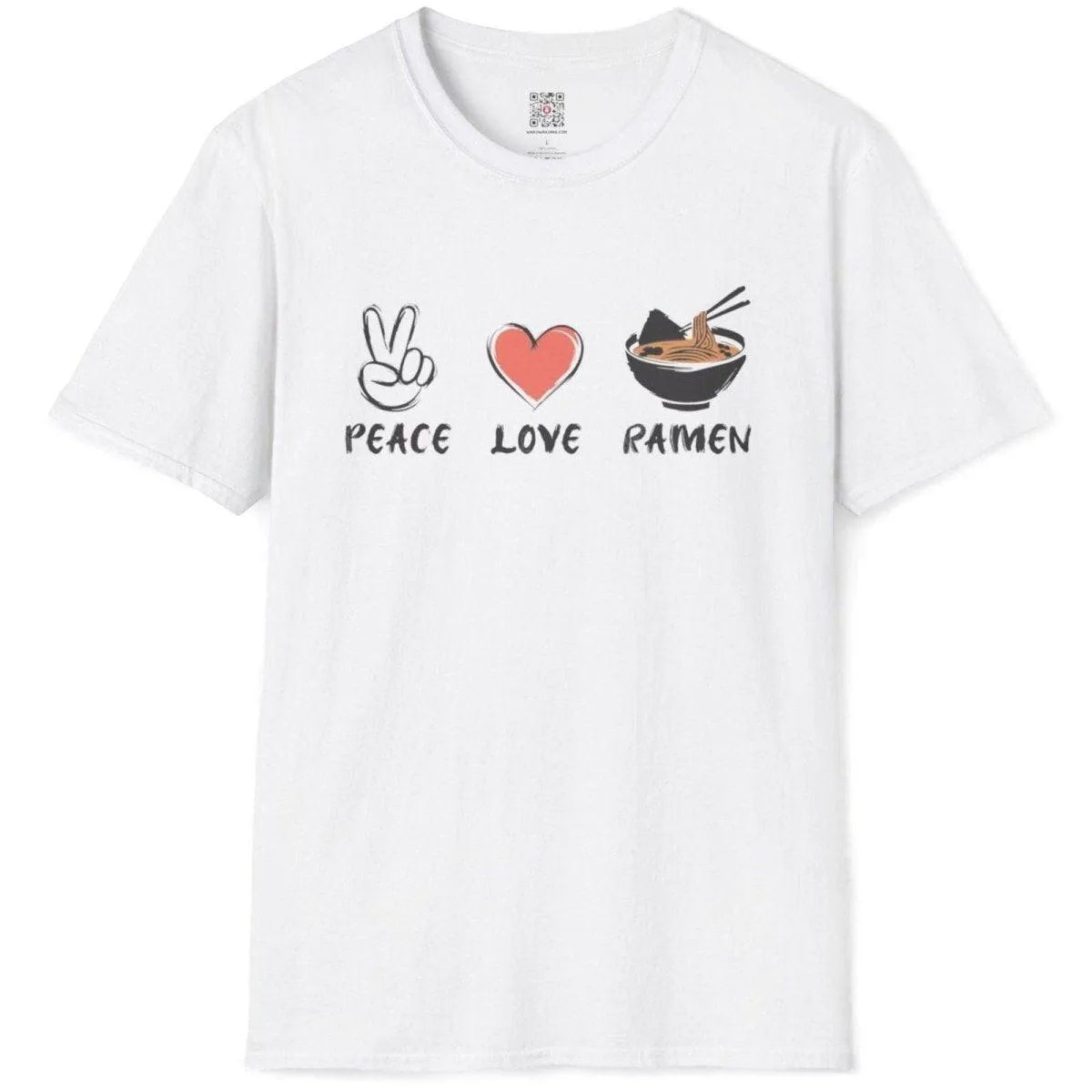 Flatlay white t-shirt featuring peace, heart, and ramen bowl with bold brush lettering; ramen t-shirt, graphic t-shirts.