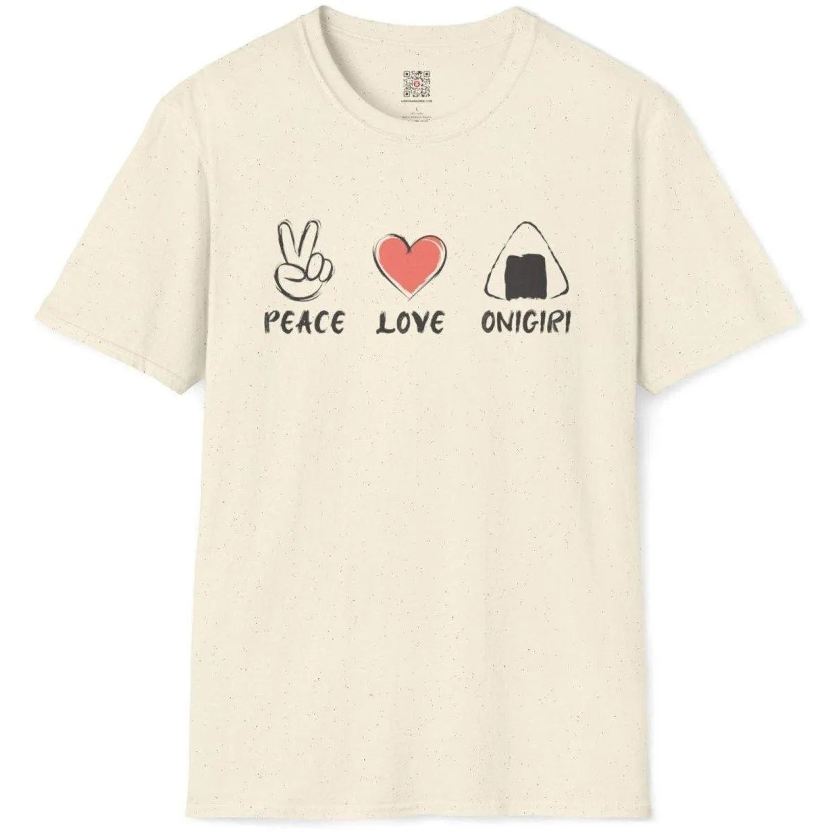 Natural t-shirt flatlay with peace, heart, and onigiri icons and brush lettering; casual aesthetics, warm palette.