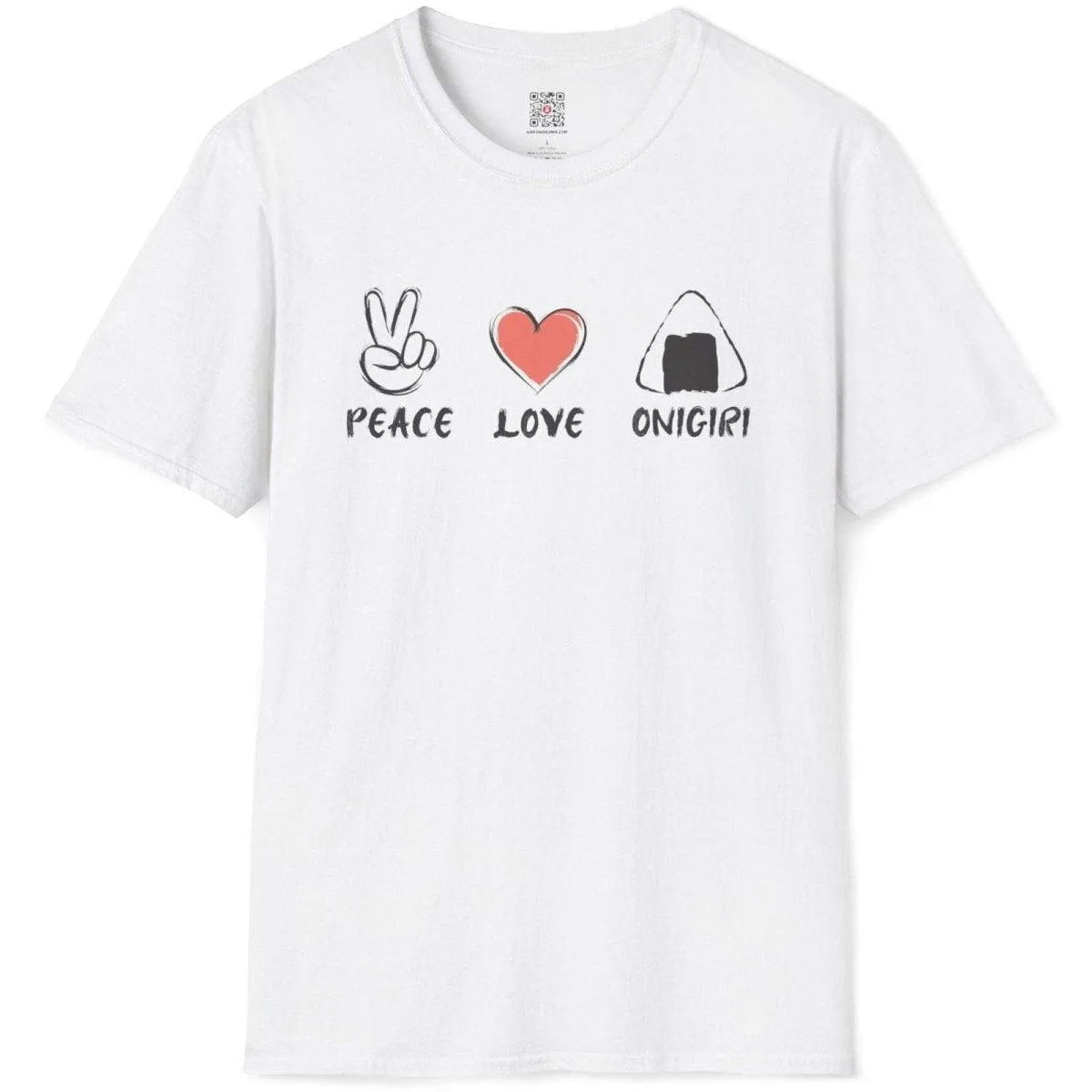 Flatlay of white t-shirt featuring peace, heart, and onigiri rice ball; hand-drawn typeface, modern tradition.