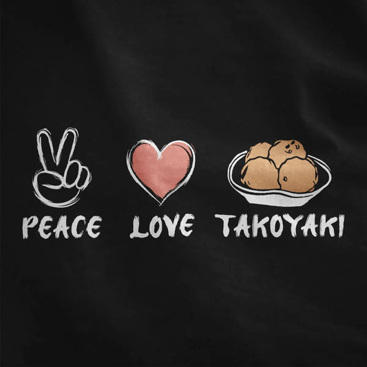Peace hand, coral heart, and takoyaki bowl with bold brush lettering on black fabric; japanese street food, vibrant style.