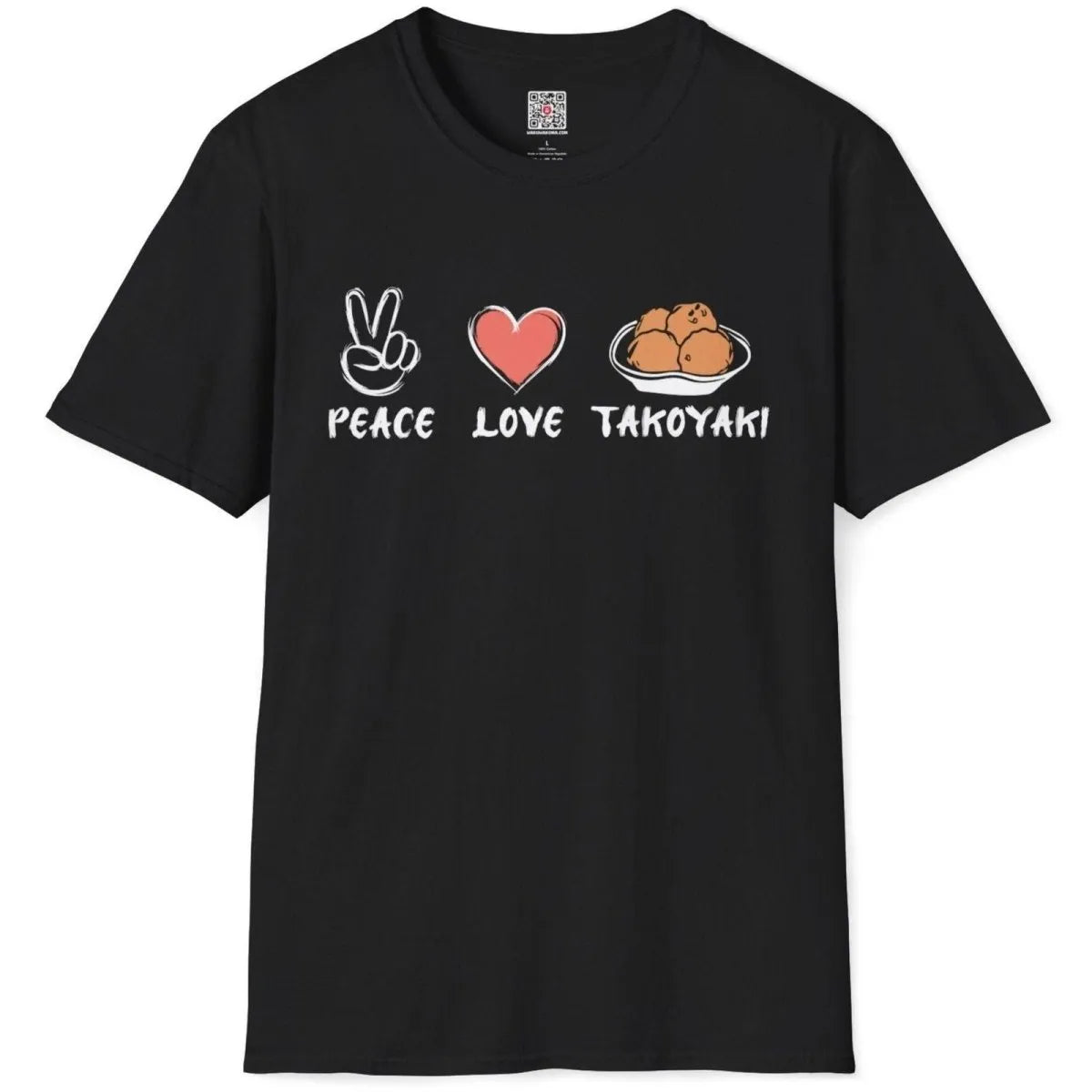 Flatlay of black t-shirt with peace, heart, and takoyaki bowl in hand-drawn style; fusion cuisine, savory comfort.