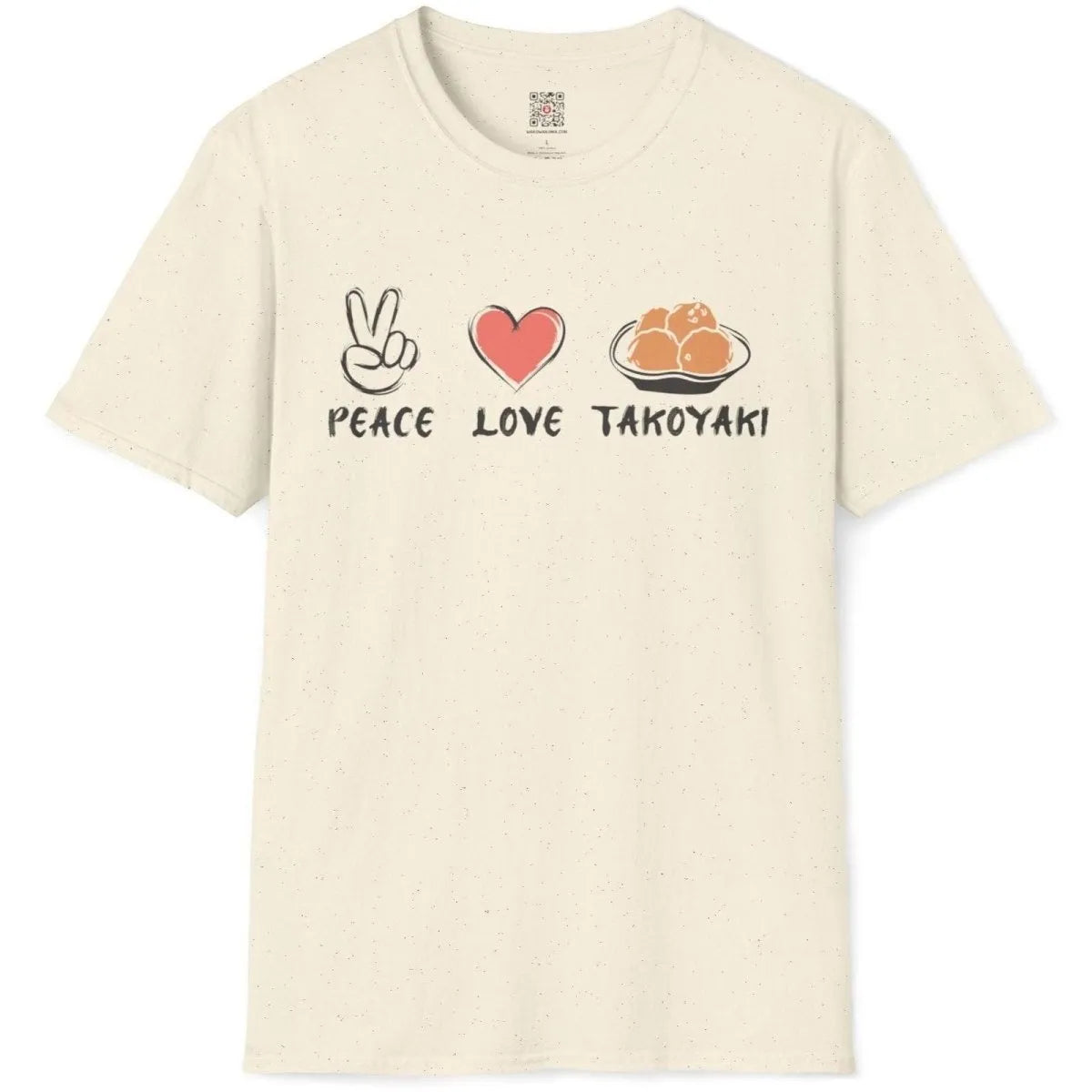 Natural t-shirt flatlay with peace, heart, and takoyaki icons and brush lettering; japanese t-shirts, urban noodles.