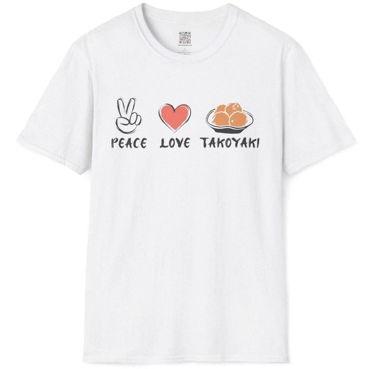 Flatlay of white t-shirt featuring peace, heart, and takoyaki bowl; japanese t-shirts, pop-art inspired.