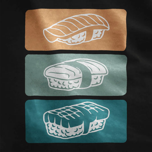 Close-up of vibrant sushi trio design on black shirt, highlighting contrast in colors and contemporary styling.