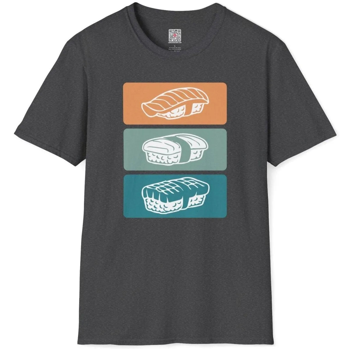 Dark heather t-shirt flatlay with trio of sushi illustrations, featuring cultural fusion and bold contrast in colors.