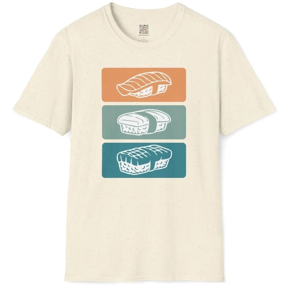 Natural t-shirt flatlay with stylish sushi trio, reflecting sushi t-shirt, japanese text shirt, and art t shirts.