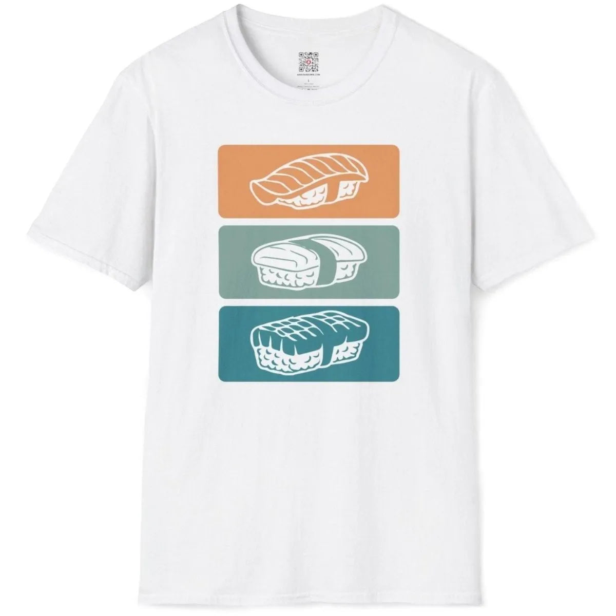 White t-shirt flatlay with sushi trio art, blending traditional sushi with minimalist font and modern fusion.