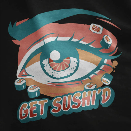 Close-up of playful sushi eye graphic on black shirt, showcasing sushi culture and cartoonish style.