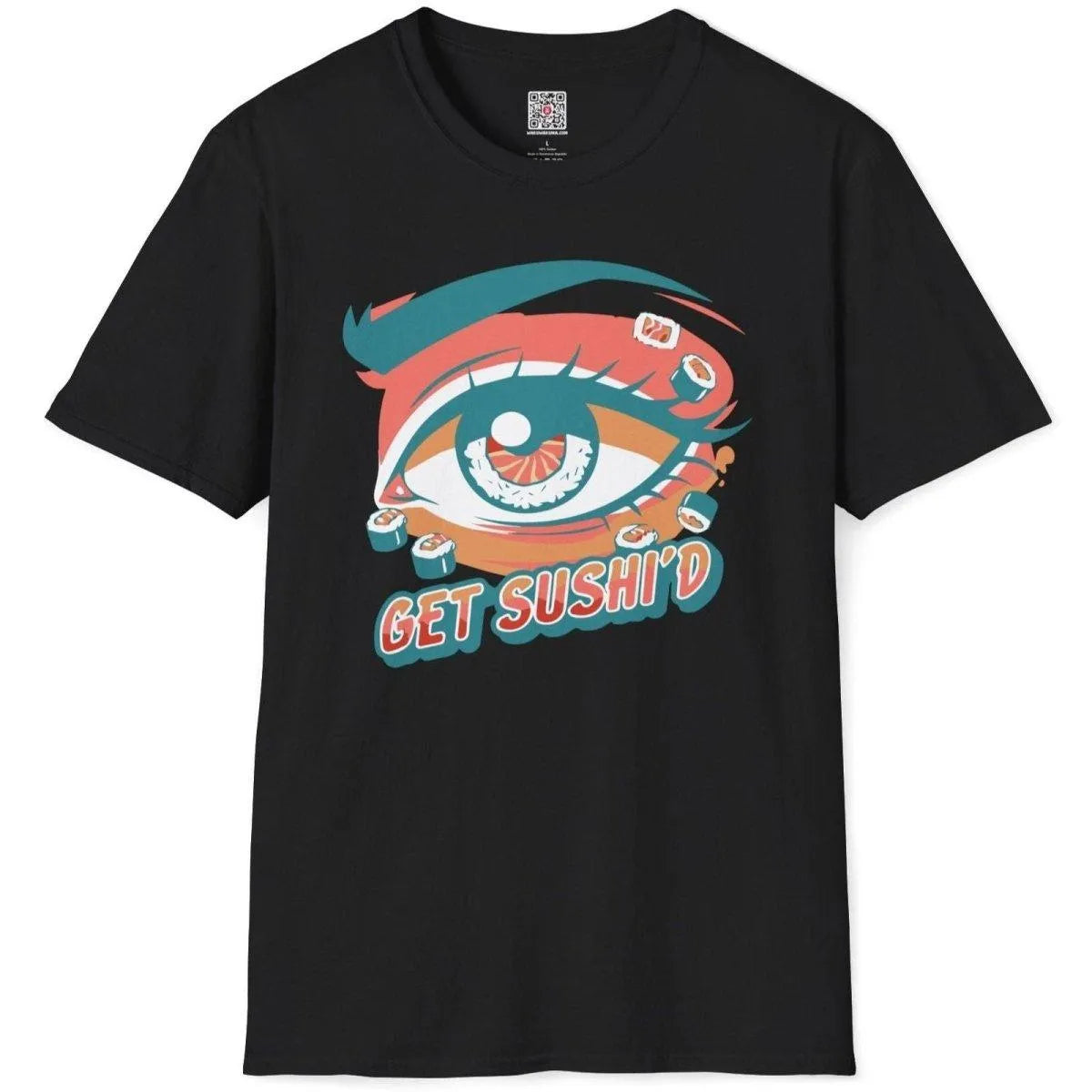 Flatlay of black t-shirt with quirky sushi eye and "GET SUSHI'D" phrase, sushi t-shirt with dynamic composition.