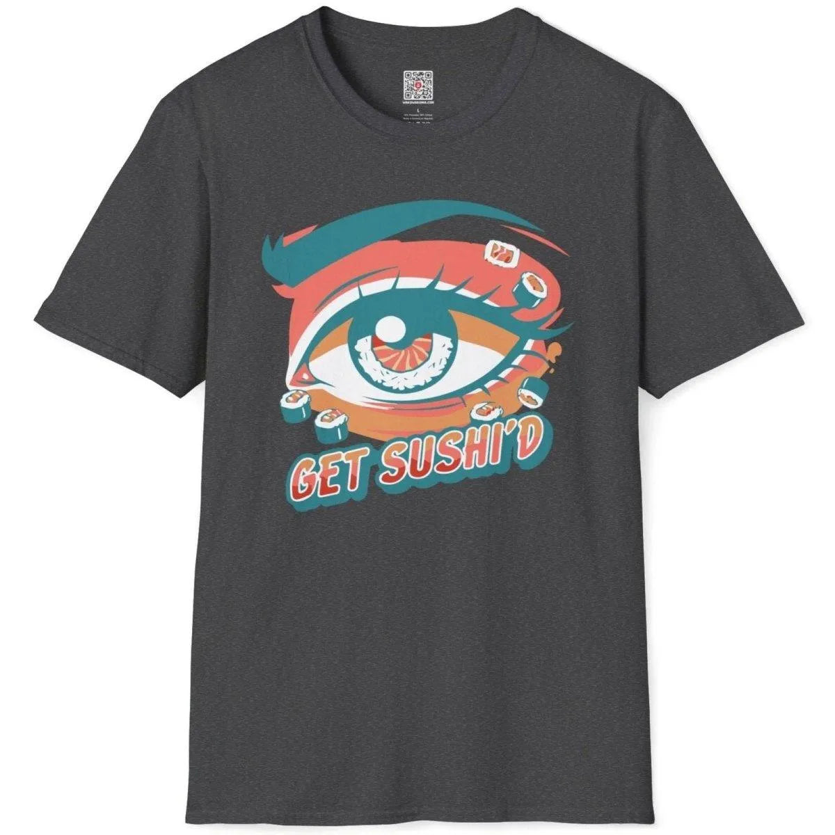 Flatlay of dark heather shirt with sushi eye motif and cartoon nigiri, fusion cuisine and quirky shirt.