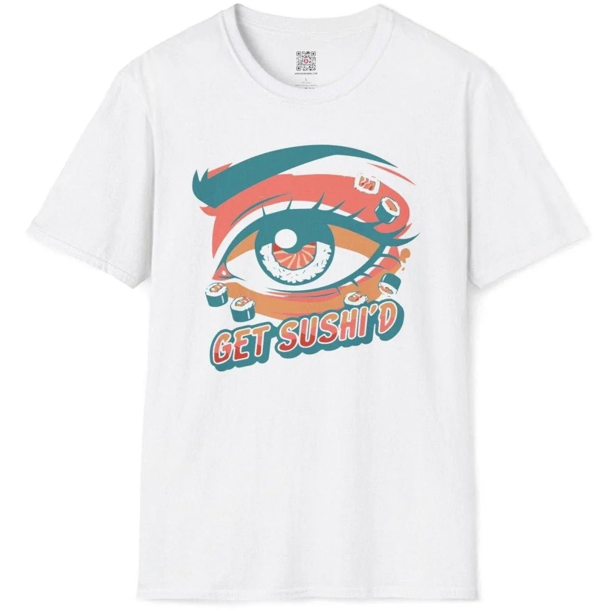Flatlay of white t-shirt with expressive sushi eye and maki rolls, kawaii sushi and vibrant background.