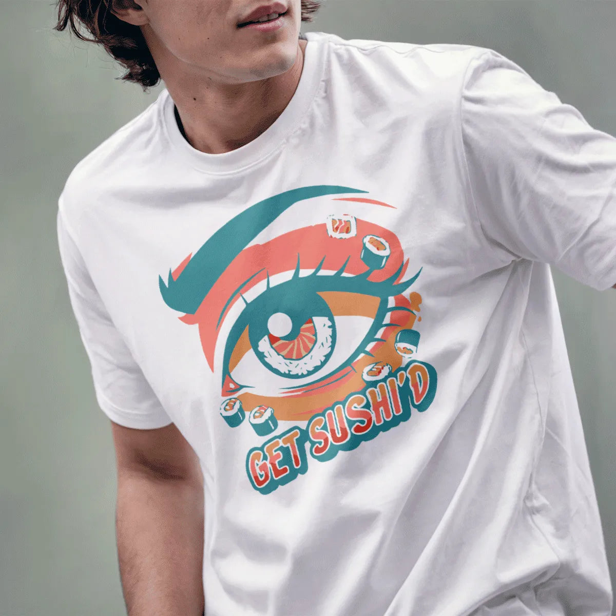 Male model in white t-shirt with colorful sushi eye design, pop art shirt for sushi lovers.