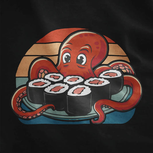 Octopus with sushi rolls on black shirt fabric, highlighting aquatic aesthetic and playful expression.