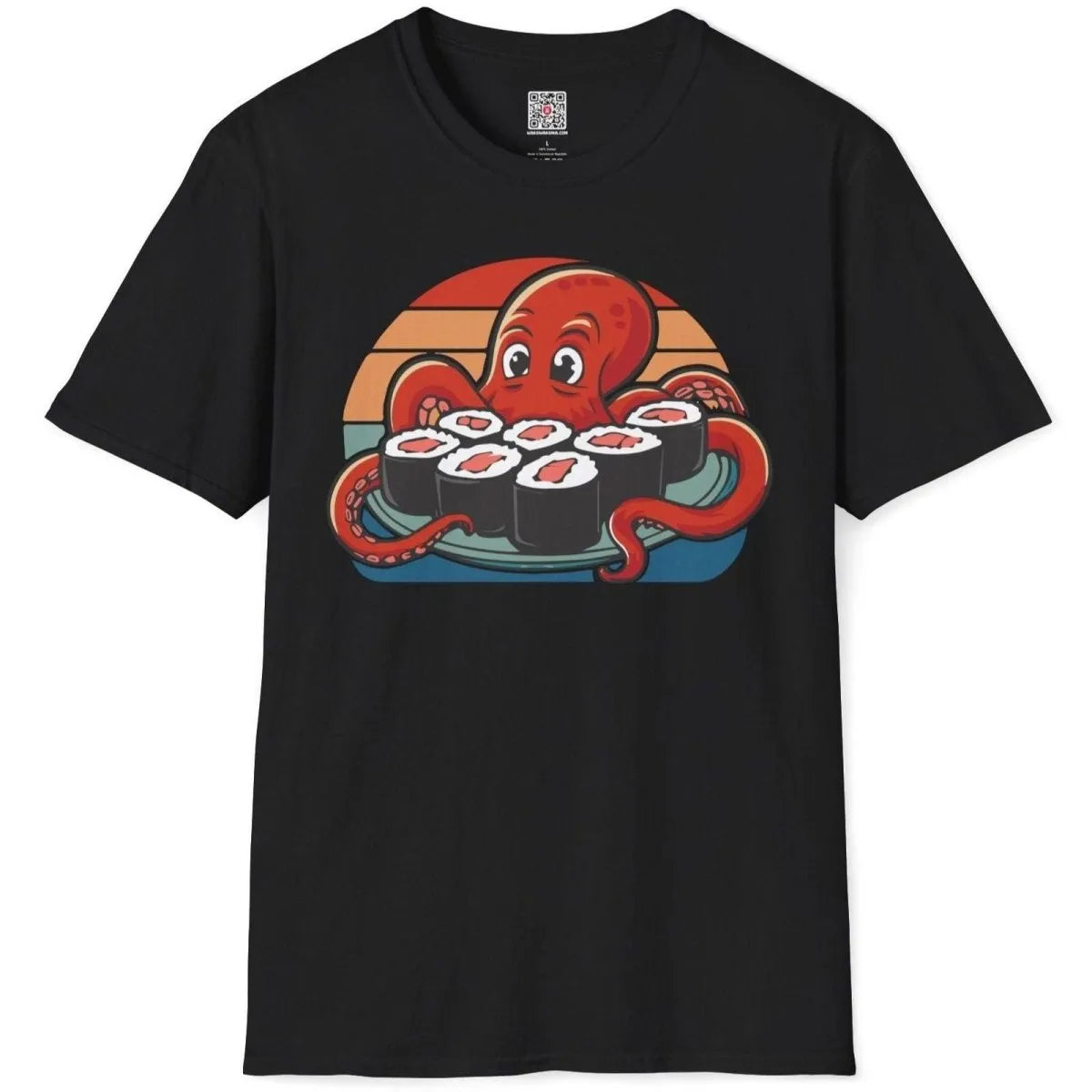 Black flatlay t-shirt with octopus and sushi, emphasizing japanese t-shirts and cozy atmosphere.