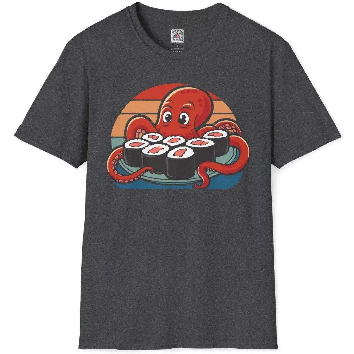 Dark heather flatlay t-shirt with octopus sushi, highlighting sunset gradient and octopus sushi.