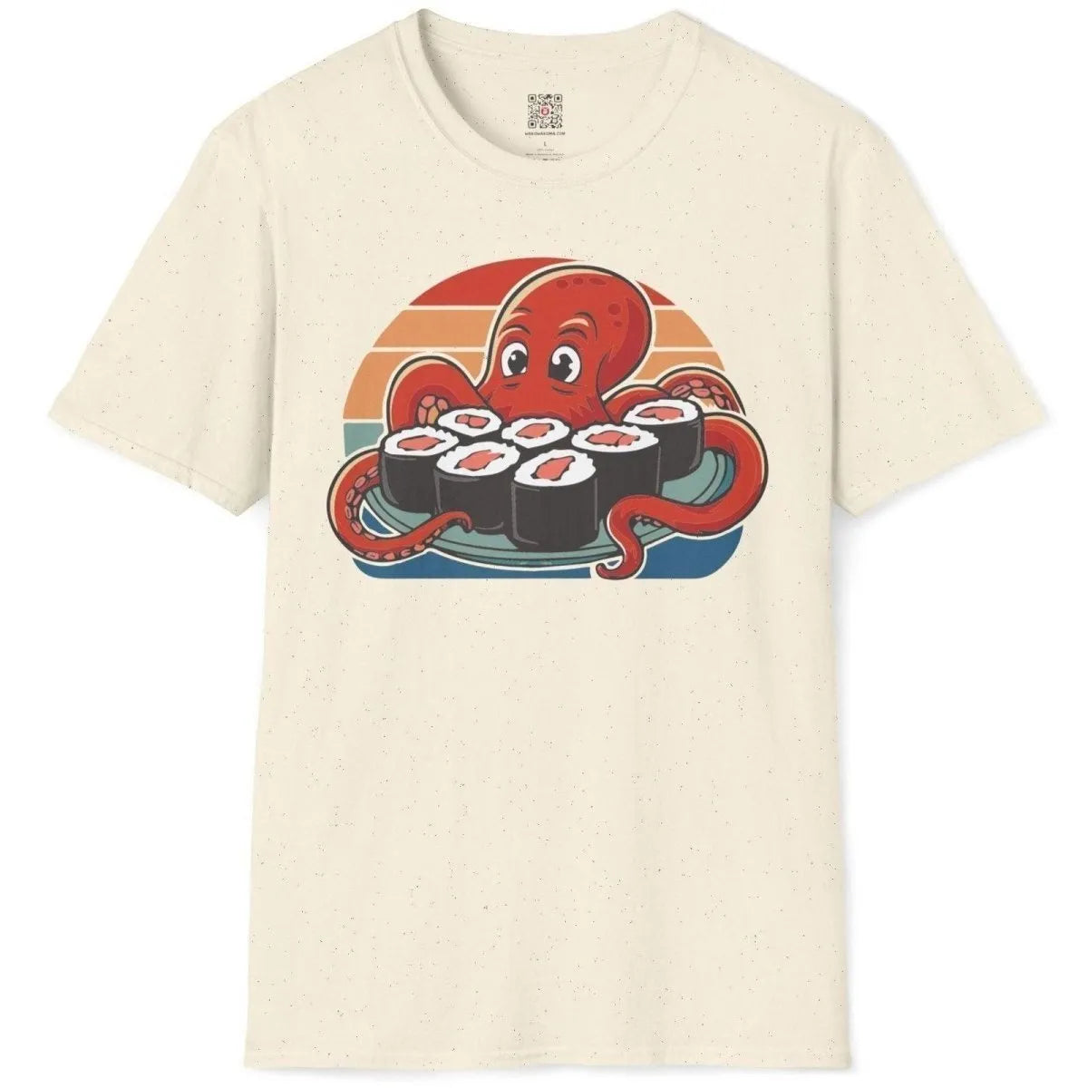 Natural flatlay t-shirt with red octopus and sushi, featuring playful expression and soft aesthetics.