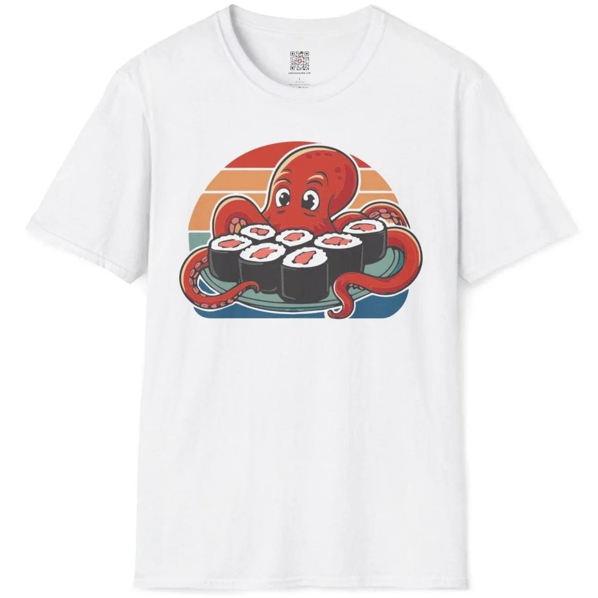 White flatlay t-shirt with octopus holding sushi, featuring sushi shirt and vibrant palette.